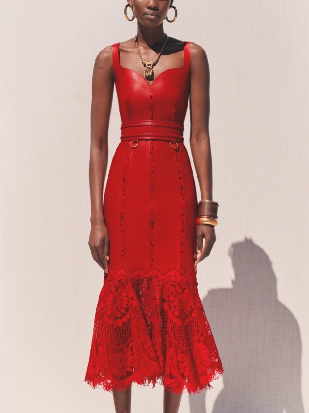 Alexander McQueen Lust Red Lace-Hem Leather Midi Dress - Picture 12 of 16